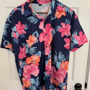 Men's Floral Button-Down Shirt by  - Navy with Pink & Coral Blooms
